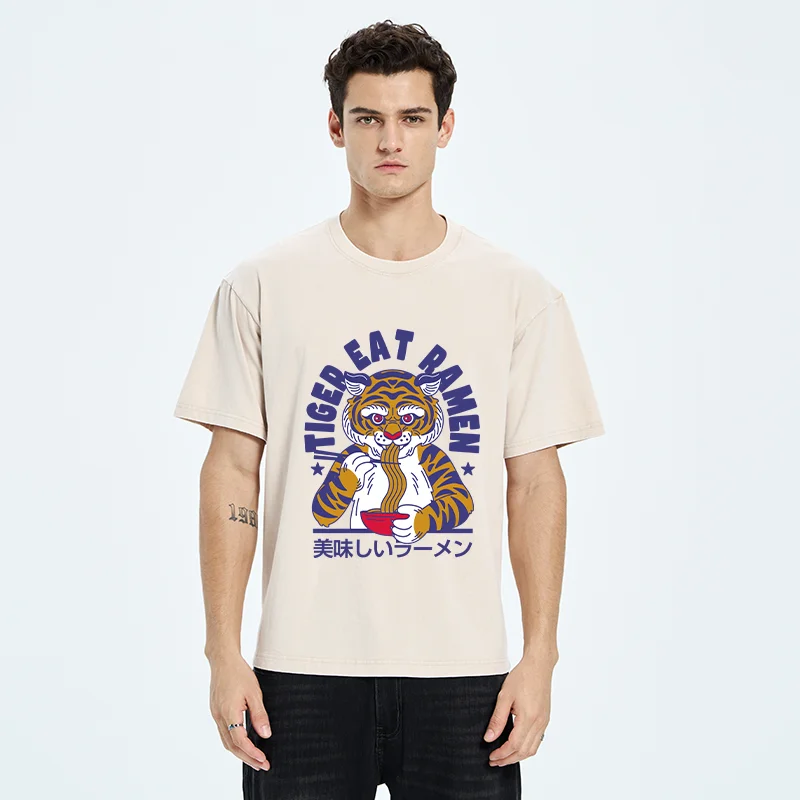 Tokyo-Tiger Funny Tiger Eating Ramen Washed T-Shirt