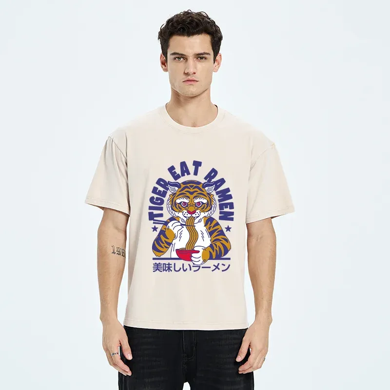 Tokyo-Tiger Funny Tiger Eating Ramen Washed T-Shirt