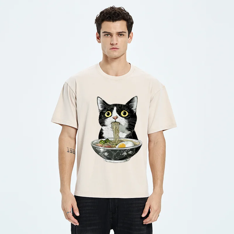 Tokyo-Tiger Cute Cat Eating Japan Ramen Washed T-Shirt