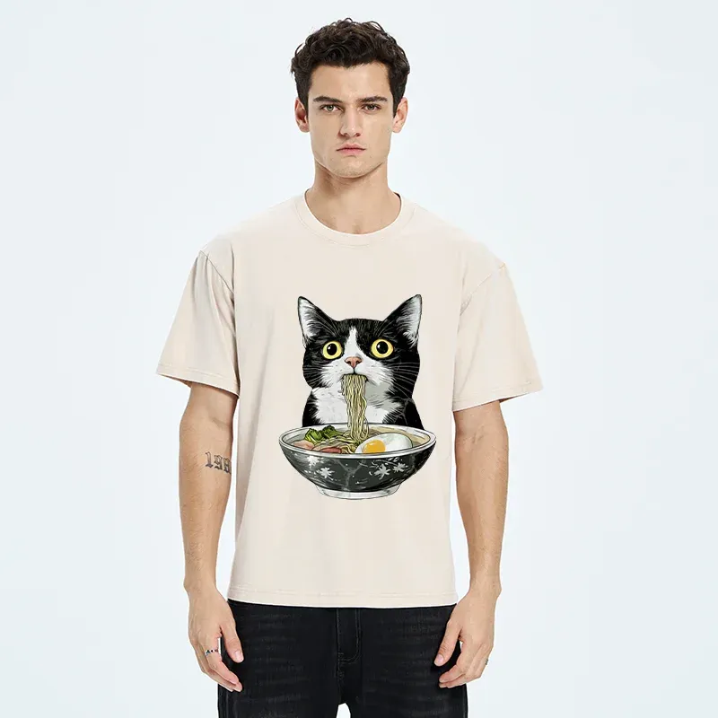 Tokyo-Tiger Cute Cat Eating Japan Ramen Washed T-Shirt