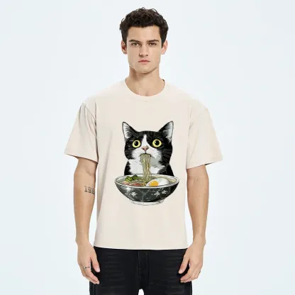 Tokyo-Tiger Cute Cat Eating Japan Ramen Washed T-Shirt