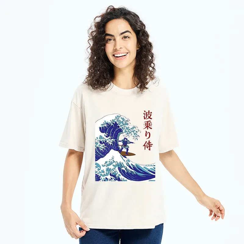 Tokyo-Tiger Funny Samurai Surf Washed T-Shirt