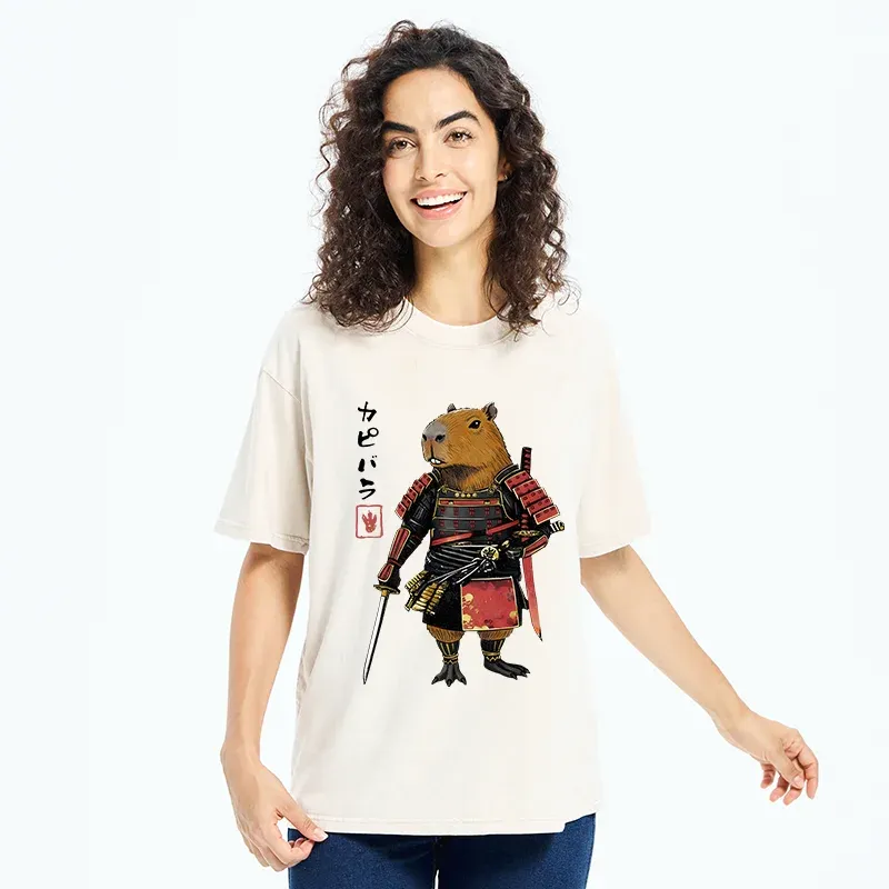 Tokyo-Tiger Capybara Samurai Wearing Armor Washed T-Shirt