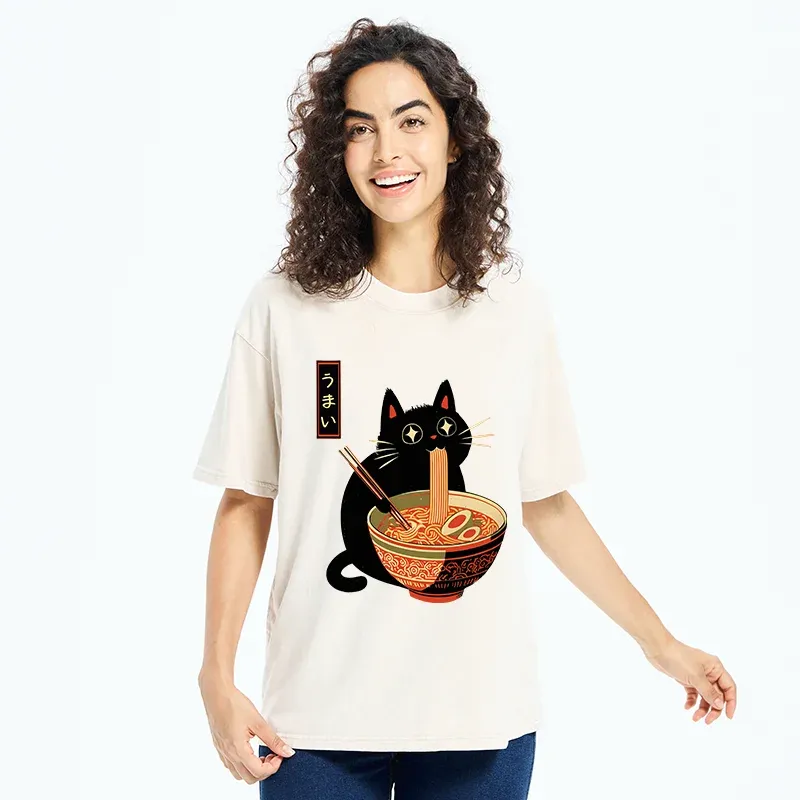 Tokyo-Tiger Cat Eats Super Delicious Ramen Washed T-Shirt