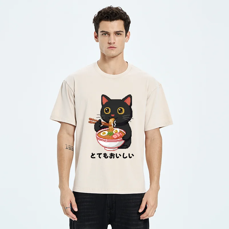 Tokyo-Tiger Black Cat Eats Ramen Pixel Art Style Washed T-Shirt