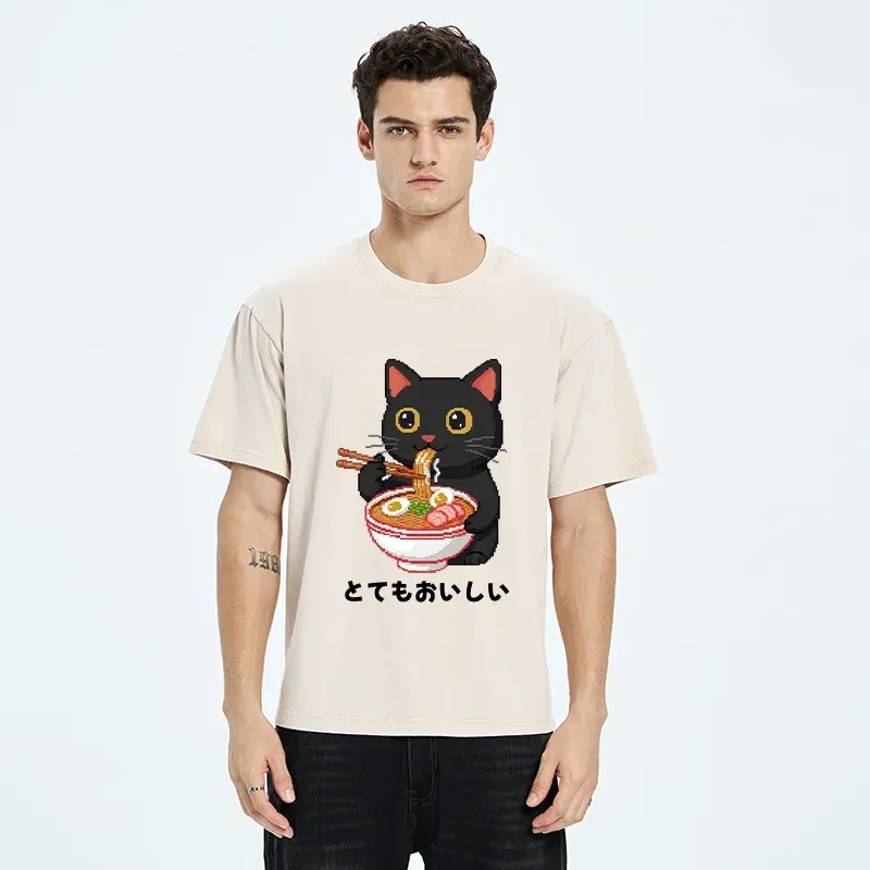 Tokyo-Tiger Black Cat Eats Ramen Pixel Art Style Washed T-Shirt