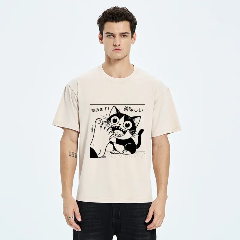 Tokyo-Tiger Cat Chewing Human Feet Washed T-Shirt