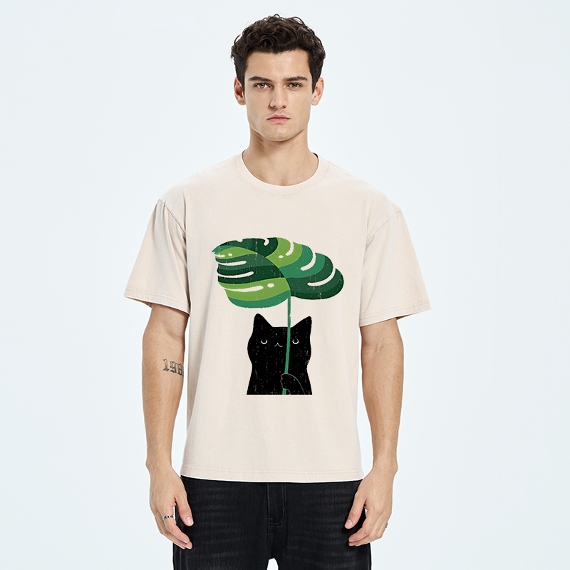 Tokyo-Tiger Monstera Deliciosa And Cat Washed T-Shirt