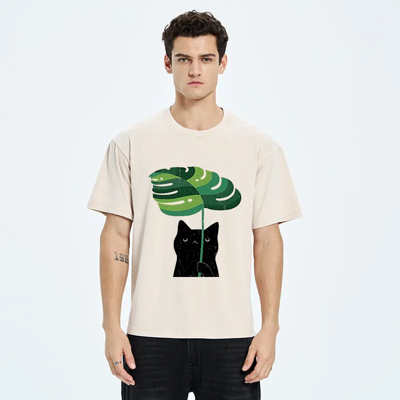 Tokyo-Tiger Monstera Deliciosa And Cat Washed T-Shirt