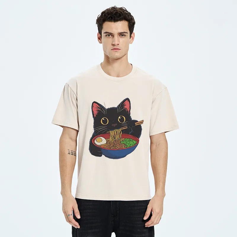 Tokyo-Tiger Black Cat Ate Japan Ramen Washed T-Shirt