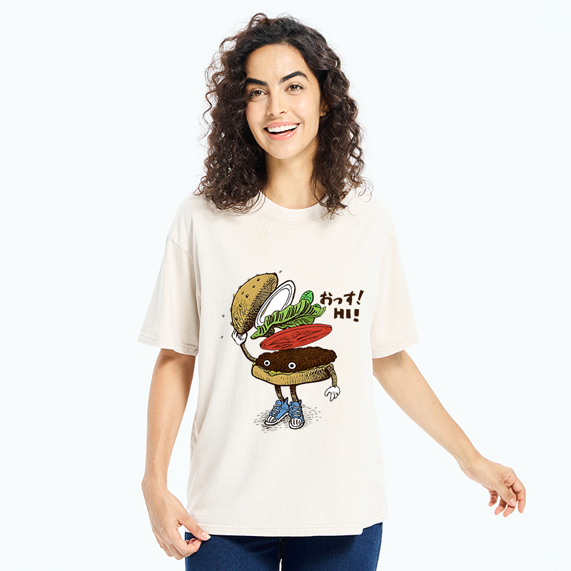 Tokyo-Tiger Hamburger That Says Hello Washed T-Shirt