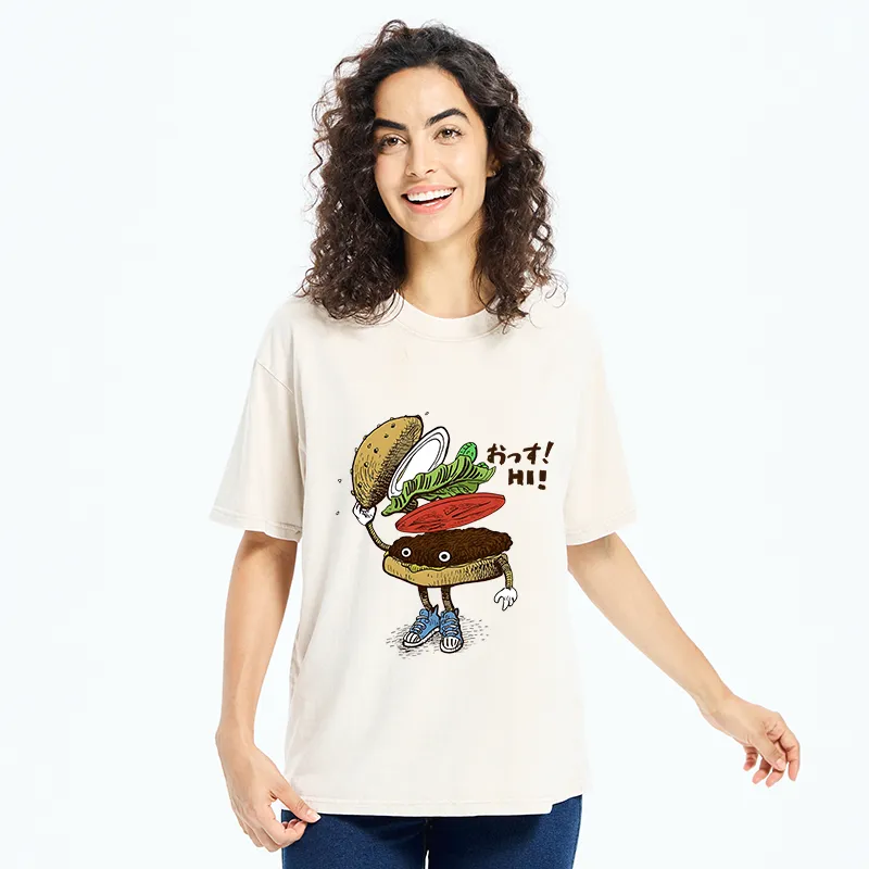 Tokyo-Tiger Hamburger That Says Hello Washed T-Shirt