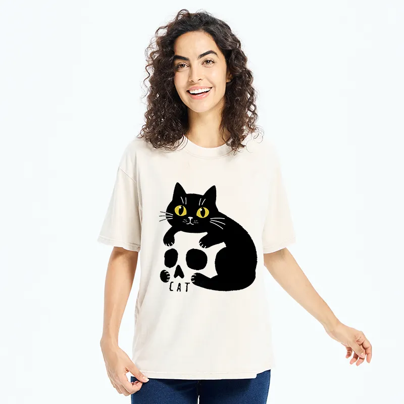 Tokyo-Tiger Cat And Skull Washed T-Shirt