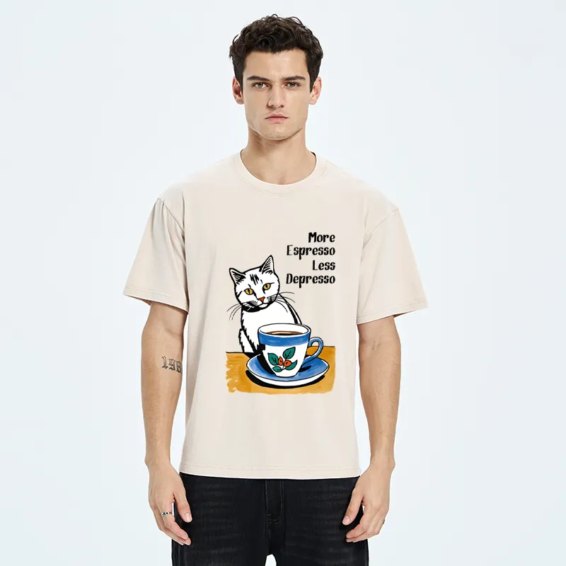 Tokyo-Tiger Cute Cat Drinking Coffee Washed T-Shirt