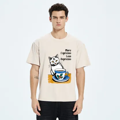 Tokyo-Tiger Cute Cat Drinking Coffee Washed T-Shirt