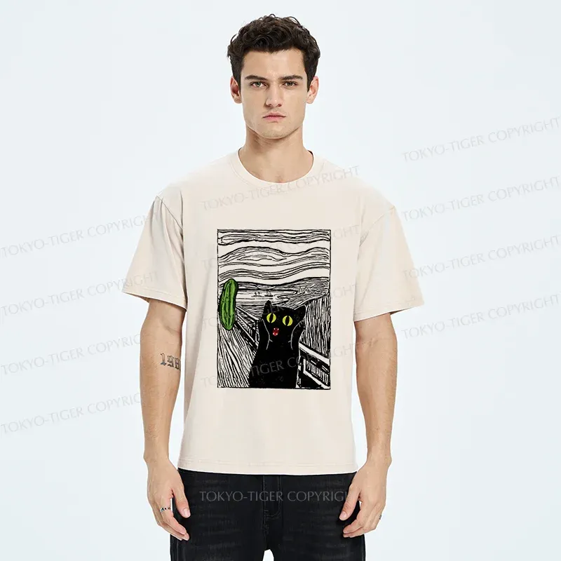 Tokyo-Tiger Cat Afraid Of Cucumbers Washed T-Shirt