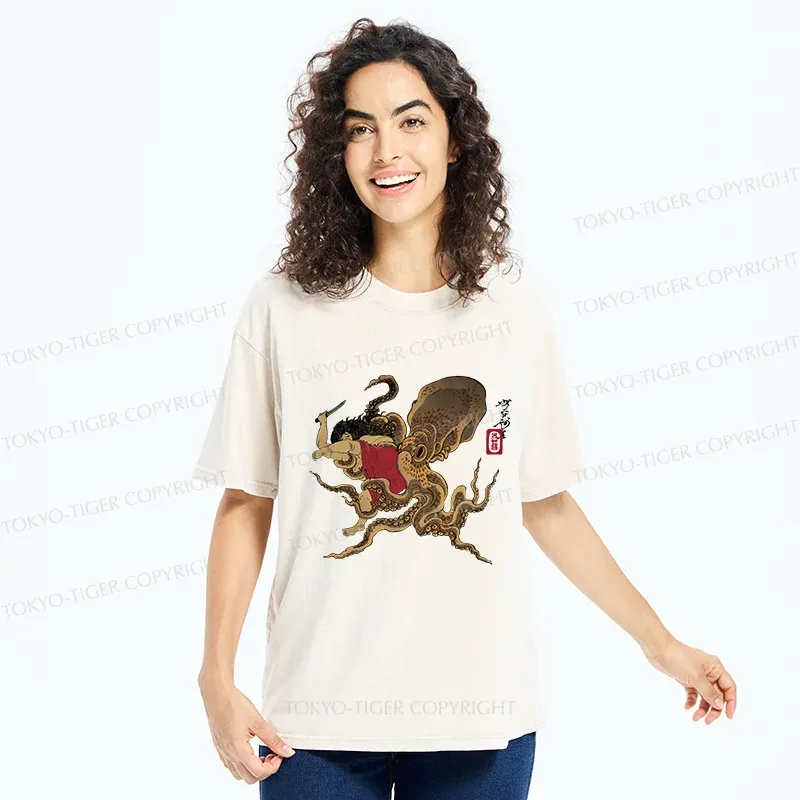 Tokyo-Tiger Man And Octopus Fighting Washed T-Shirt