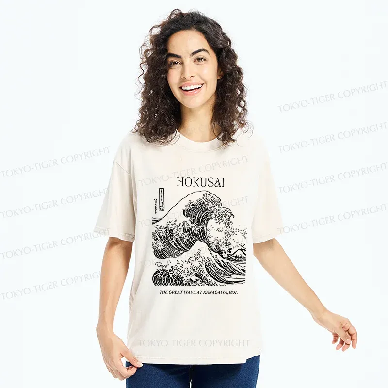 Tokyo-Tiger Retro Ukiyo-e Waves Washed T-Shirt