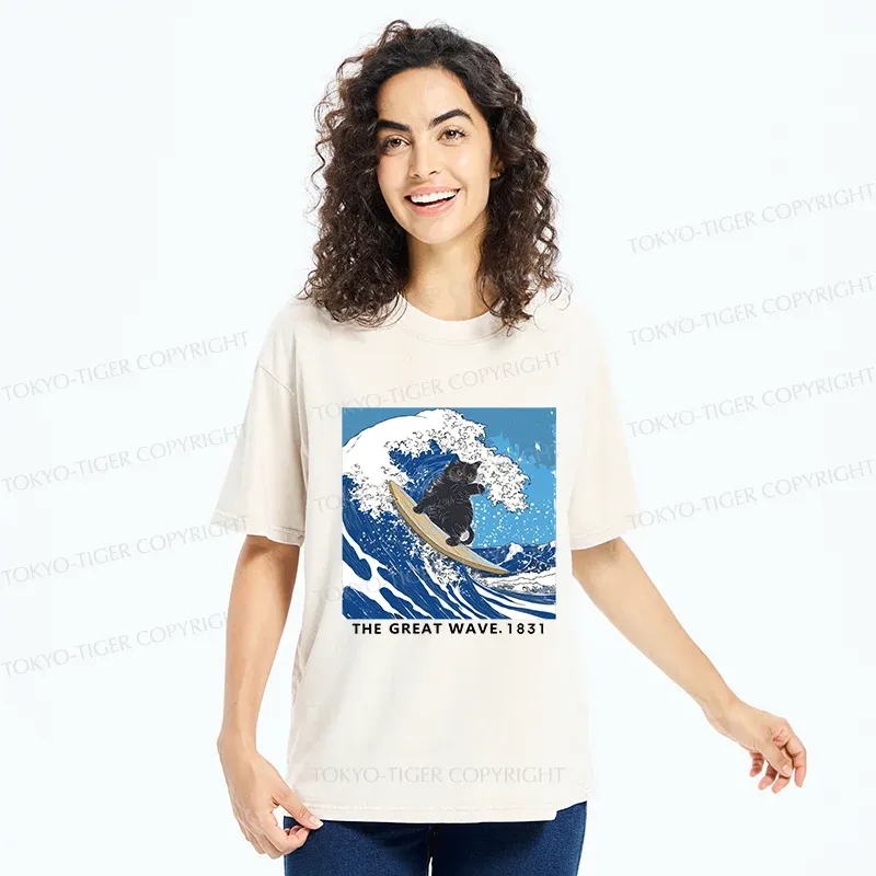 Tokyo-Tiger Cat Surfing Funny Washed T-Shirt