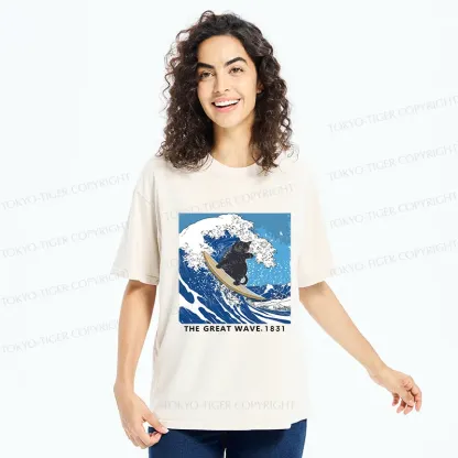 Tokyo-Tiger Cat Surfing Funny Washed T-Shirt