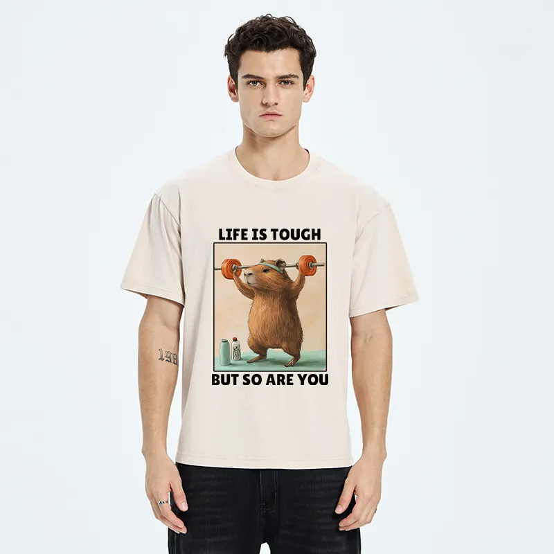 Tokyo-Tiger Capybara Lifting Weights Washed T-Shirt
