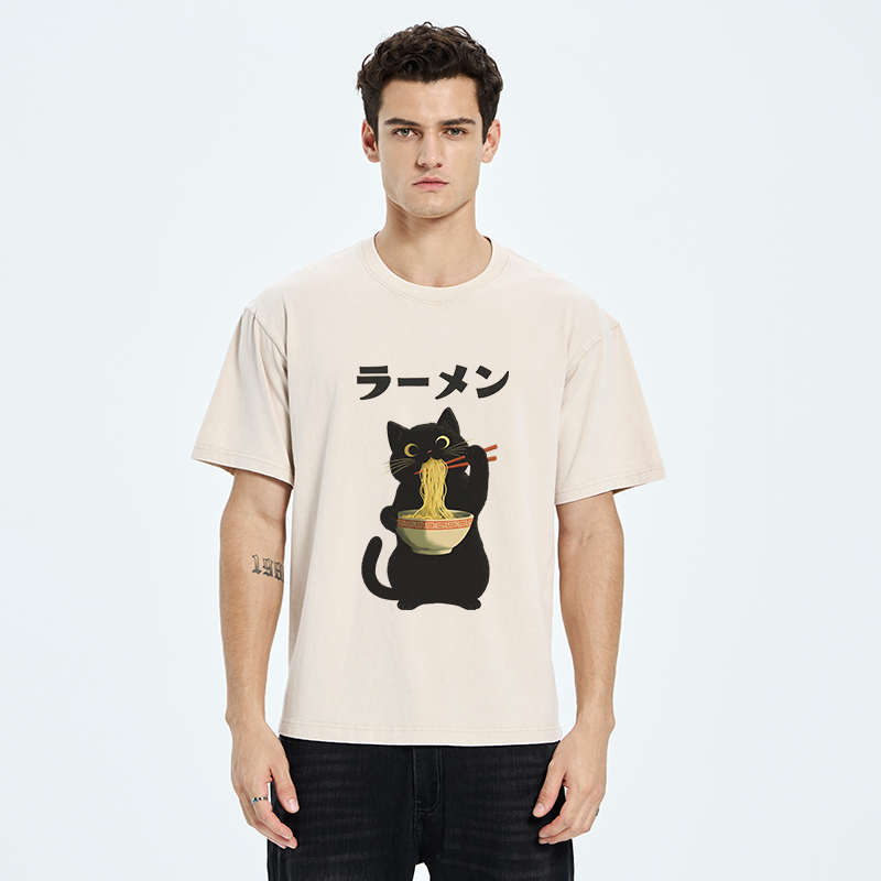 Tokyo-Tiger Black Cat Ate A Large Bowl Of Ramen Washed T-Shirt