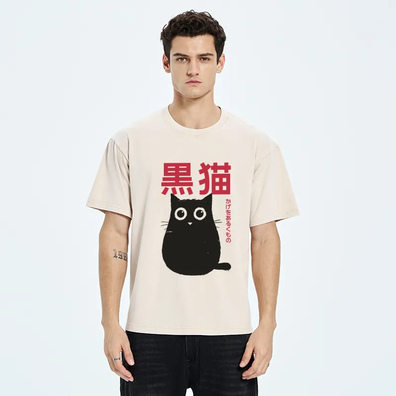 Tokyo-Tiger Round Black Cat Washed T-Shirt