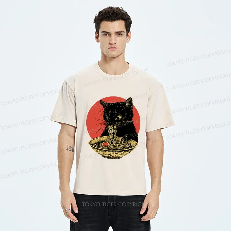 Tokyo-Tiger Retro Black Cat Eating Ramen Washed T-Shirt