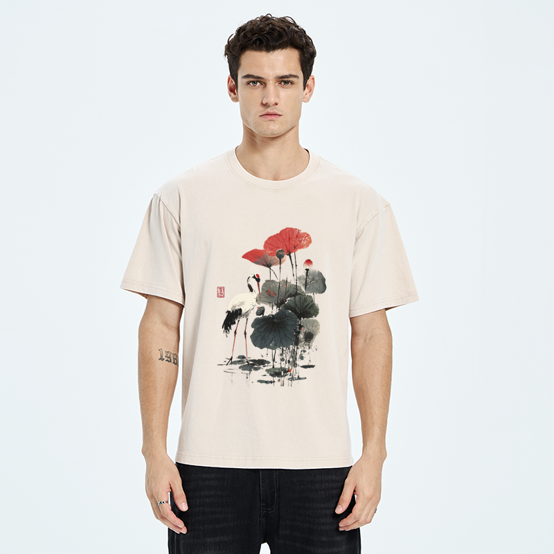 Tokyo-Tiger White Crane Among Lotus Washed T-Shirt