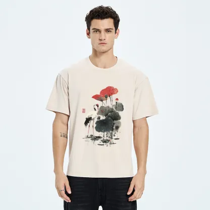 Tokyo-Tiger White Crane Among Lotus Washed T-Shirt