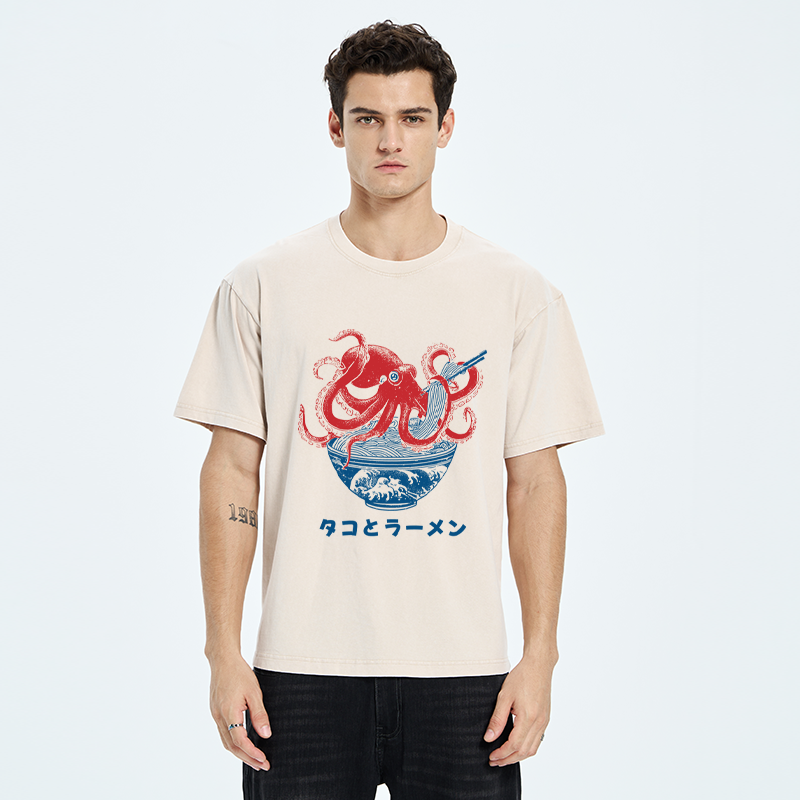 Tokyo-Tiger Octopus Eating Ramen Washed T-Shirt