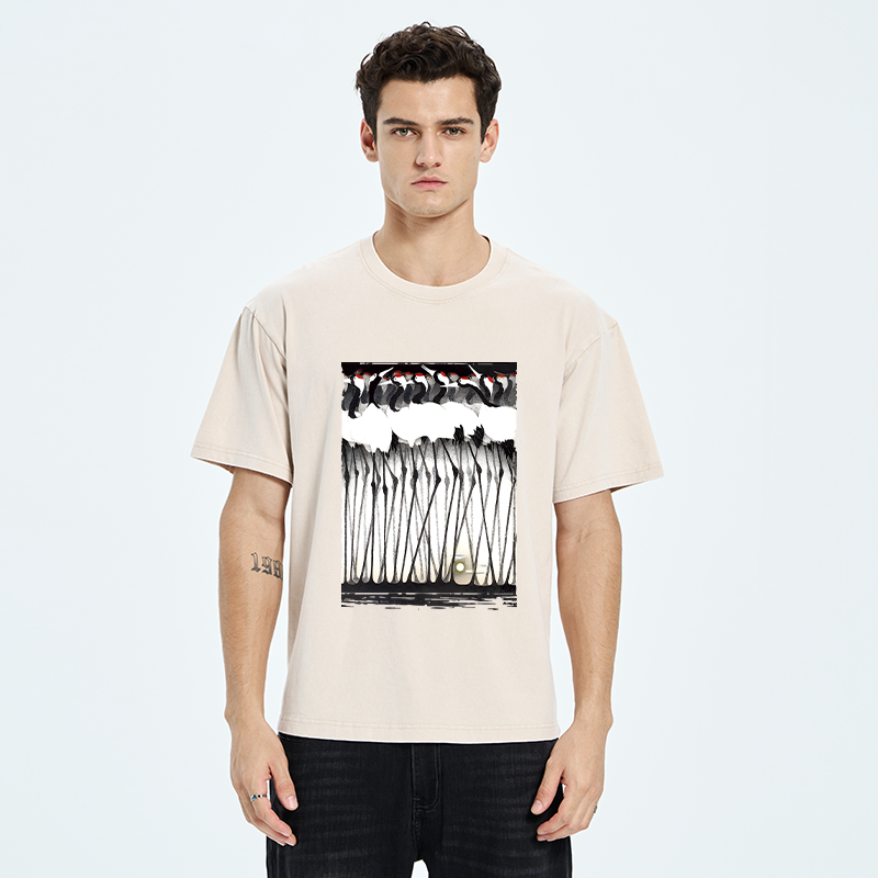 Tokyo-Tiger Crane Flock Ancient Painting Washed T-Shirt