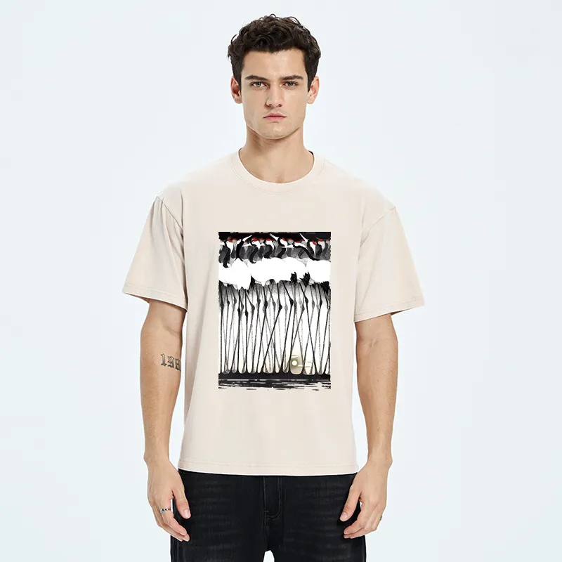 Tokyo-Tiger Crane Flock Ancient Painting Washed T-Shirt