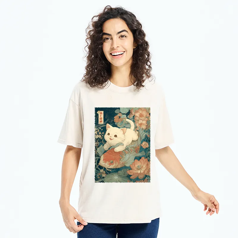 Tokyo-Tiger Cat And Koi Washed T-Shirt