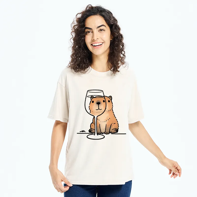 Tokyo-Tiger Capybara With A Glass Washed T-Shirt