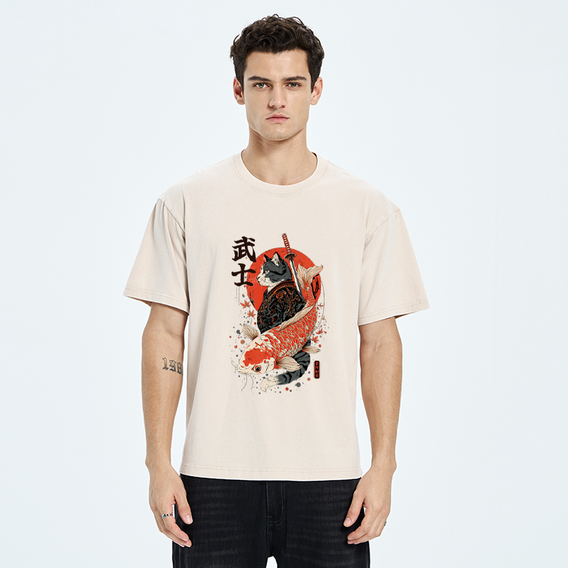 Tokyo-Tiger Samurai Cat And Koi Washed T-Shirt