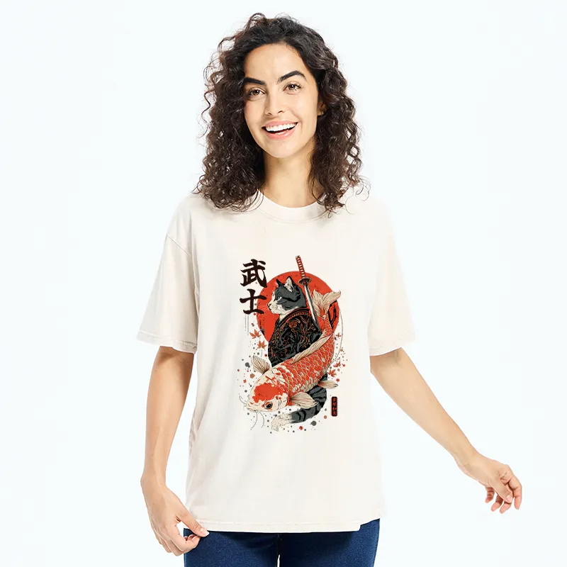 Tokyo-Tiger Samurai Cat And Koi Washed T-Shirt