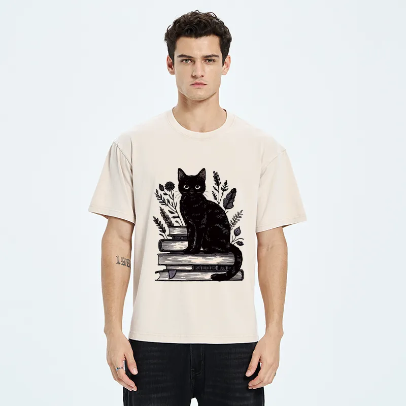 Tokyo-Tiger Books And Cats Washed T-Shirt