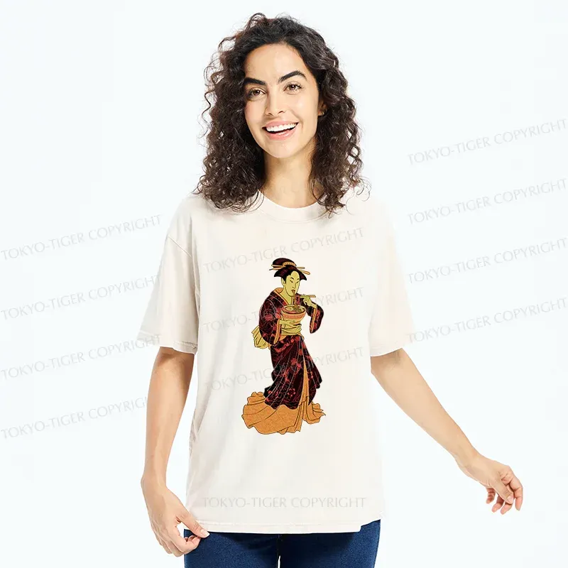 Tokyo-Tiger Geisha Eating Ramen Washed T-Shirt