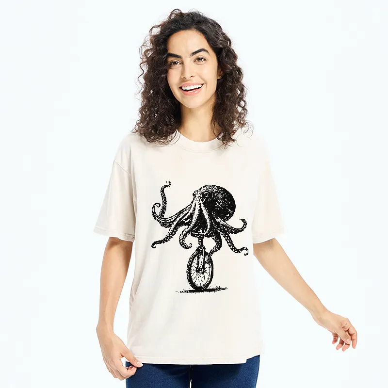 Tokyo-Tiger Octopus On A Unicycle Washed T-Shirt