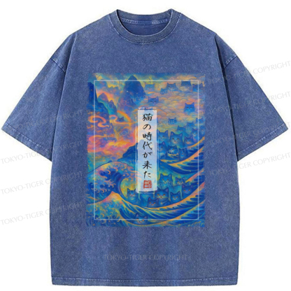 Tokyo-Tiger Riding the Feline Wave Time  Washed  T-Shirt