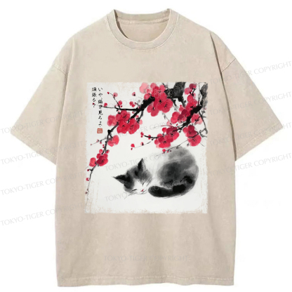 Tokyo-Tiger Ink Wash Painting: A Cat Lying Flat Under The Tree Washed T-Shirt