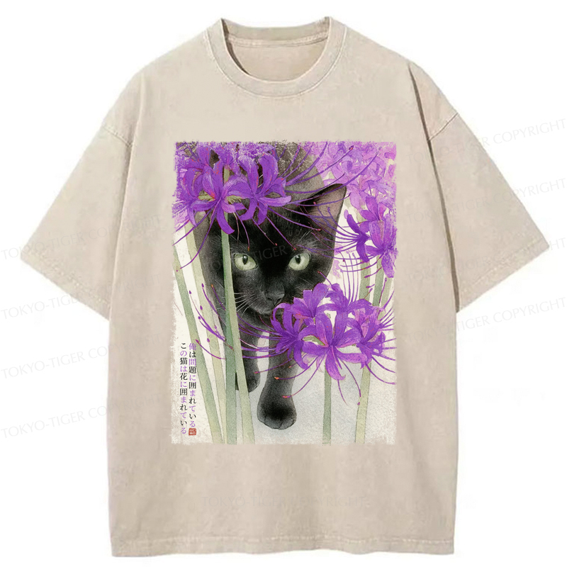 Tokyo-Tiger A Cat Among The Flowers Washed T-Shirt