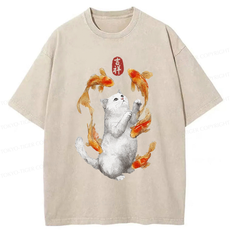 Tokyo-Tiger Zen Cat And The Dancing Fish Washed T-Shirt
