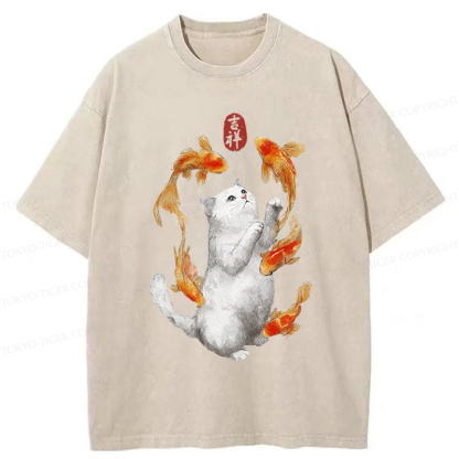 Tokyo-Tiger Zen Cat And The Dancing Fish Washed T-Shirt