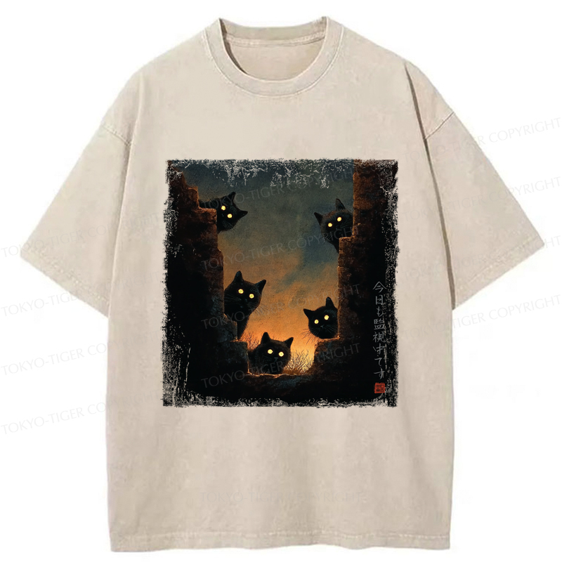 Tokyo-Tiger Five Cats Are Watching You Today Washed T-Shirt