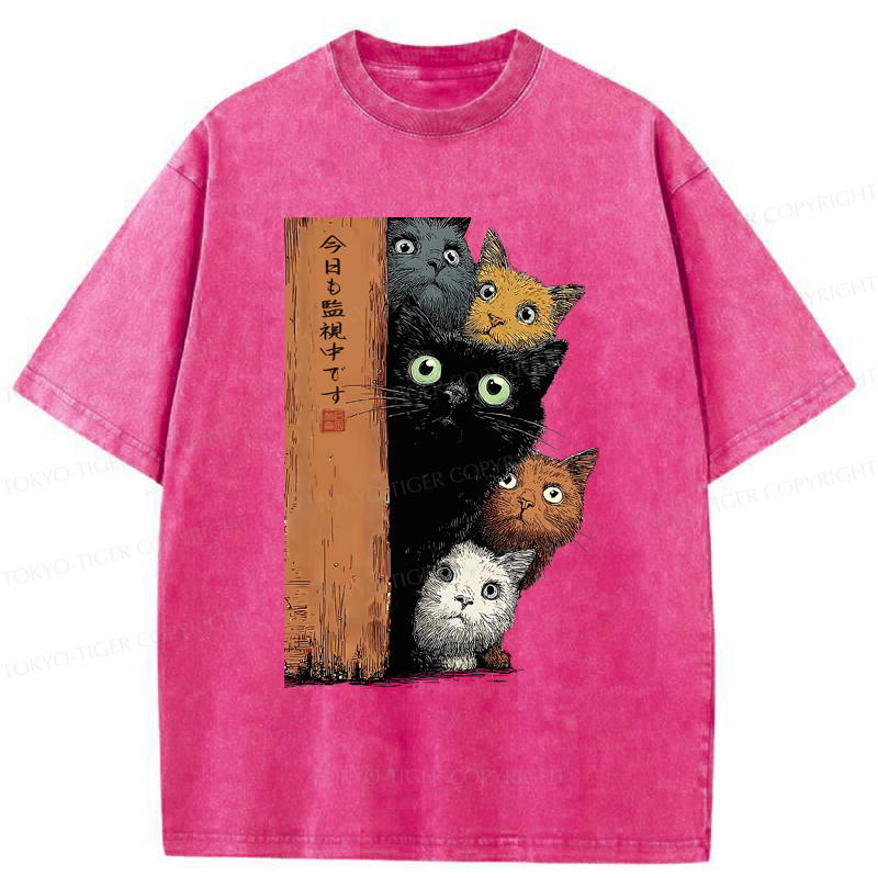 Tokyo-Tiger Five Cats Are Watching You Washed T-Shirt