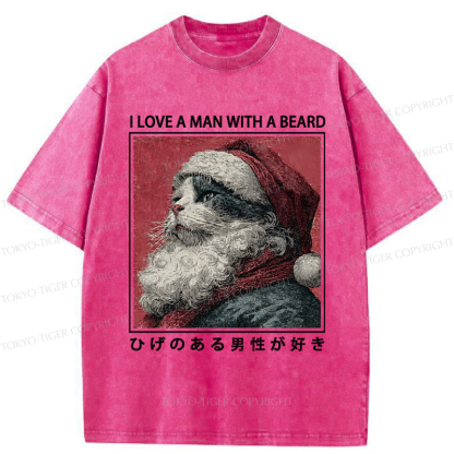 Tokyo-Tiger Funny Christmas Cat:I Love A Man With A Beard Washed T-Shirt