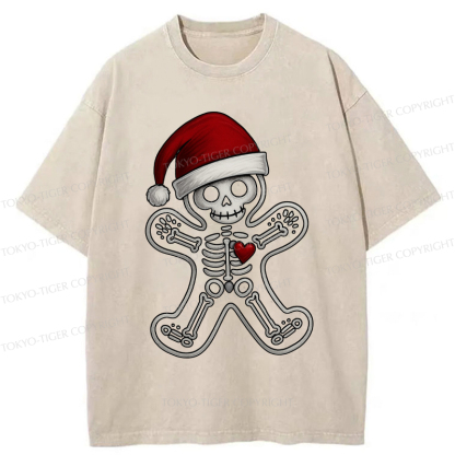 Tokyo-Tiger Funny Christmas Skull Gingerbread Man Washed T-Shirt