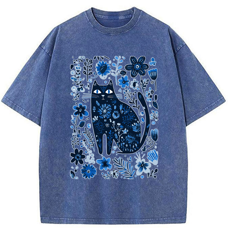Tokyo-Tiger A Cat Among Flowers Washed T-Shirt